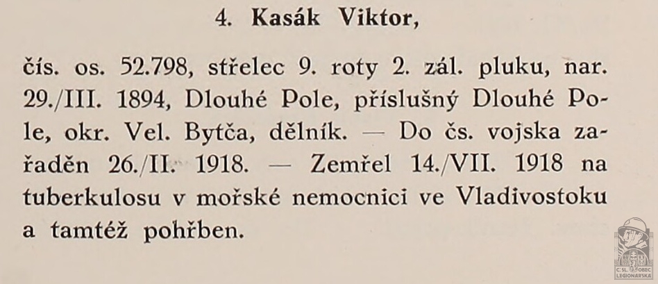 Zemřel po nemoci (PRAŽSKÝ-SLAVKOVSKÝ, F.I. Dějiny pěšího pluku 10 Jana Sladkého Koziny. Brno, 1927)(DSMO)