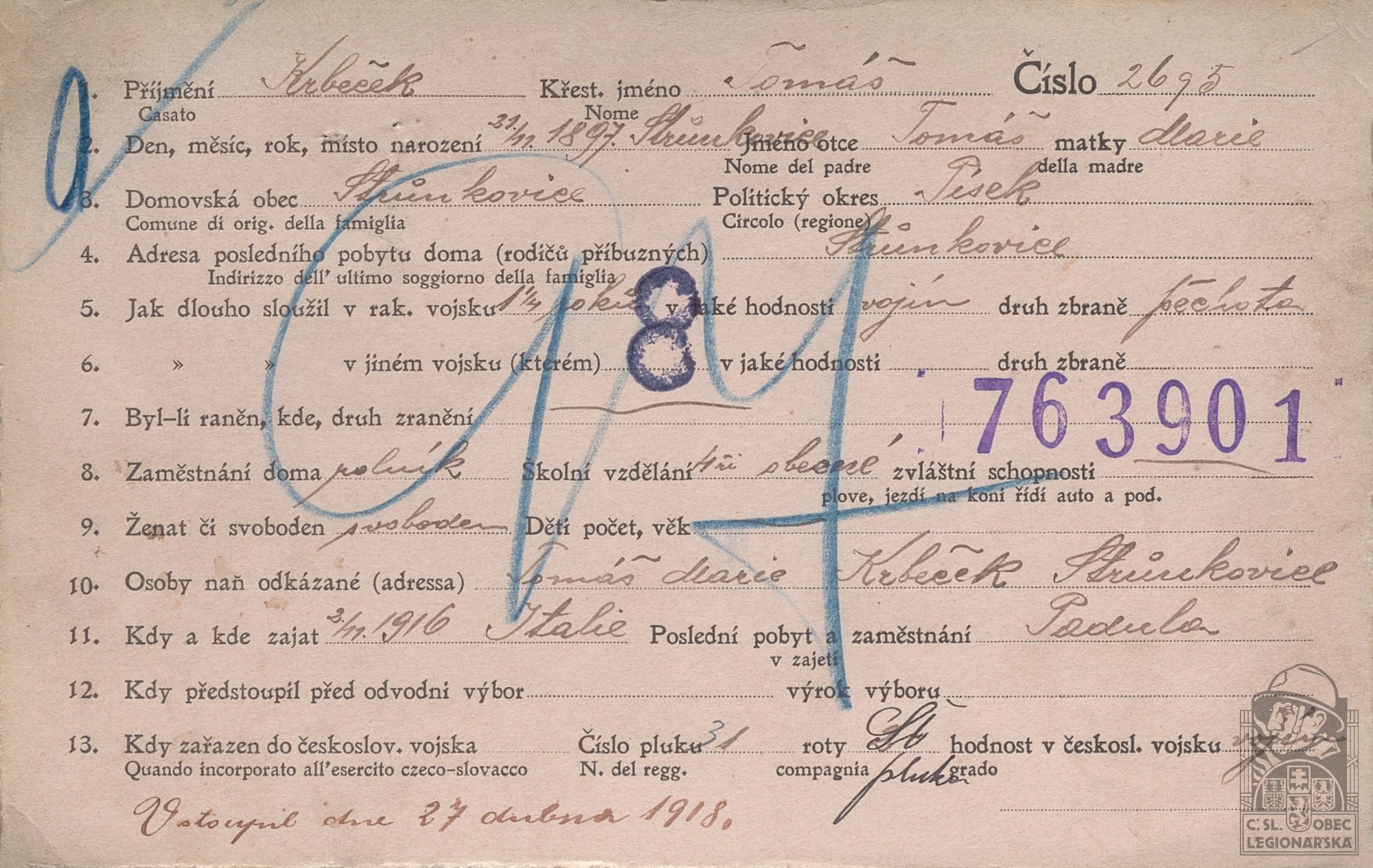 Karta legionáře Tomáše Krbečka 21.11.1897 (40185.200)