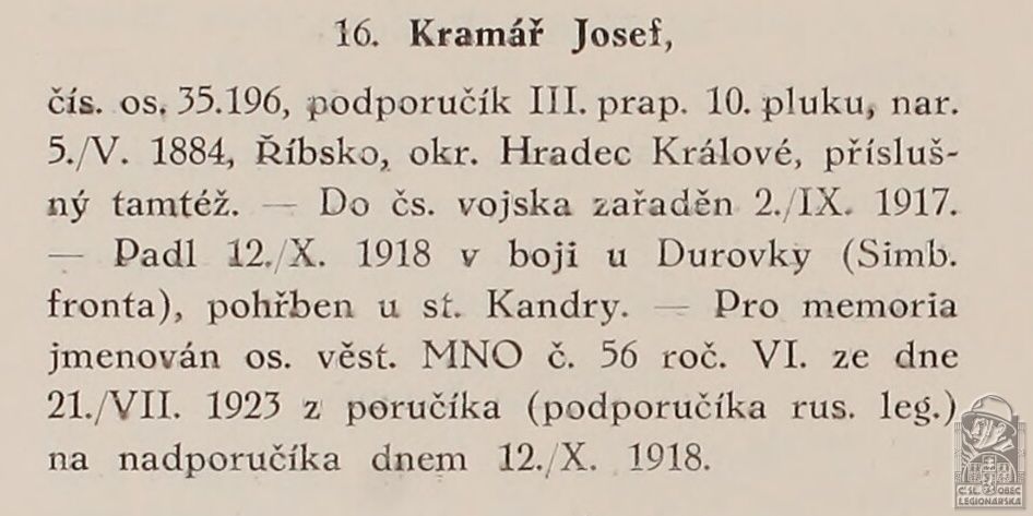 Padlí v bojích (PRAŽSKÝ-SLAVKOVSKÝ, F.I. Dějiny pěšího pluku 10 Jana Sladkého Koziny. Brno, 1927)(DSMO)
