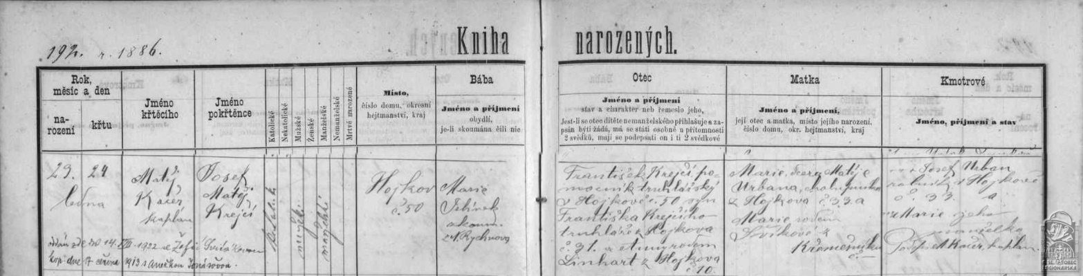 Matrika narozených Nový Rychnov 16, fol. 192(DA)