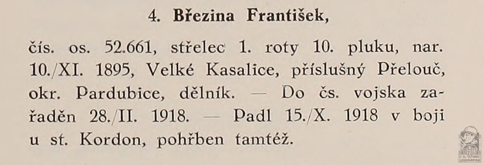 Padlý v boji(PRAŽSKÝ-SLAVKOVSKÝ, F.I. Dějiny pěšího pluku 10 Jana Sladkého Koziny. Brno, 1927)(DSMO)