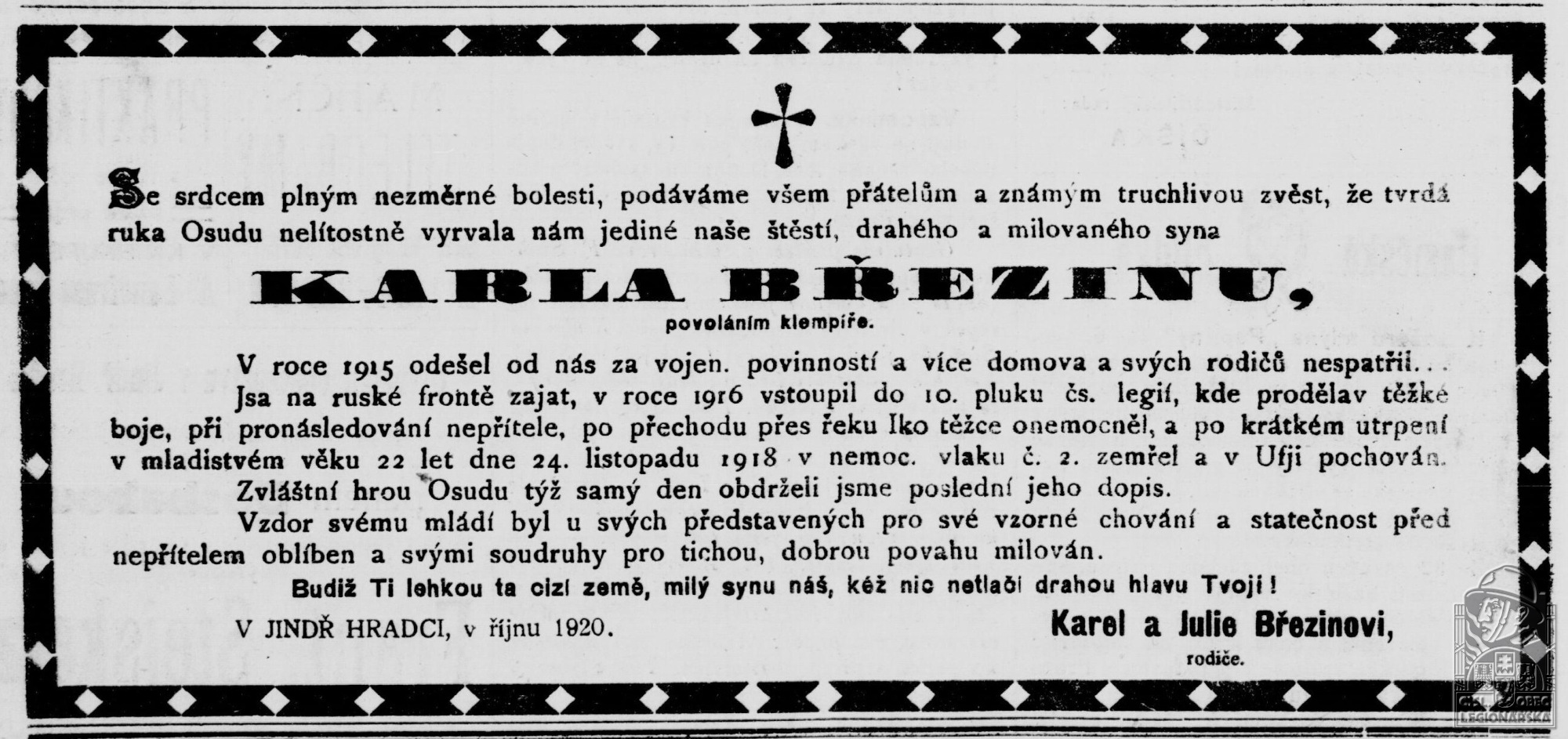 Úmrtní oznámení (Ohlasy od Nežárky 15.10.1920) (4197.600)