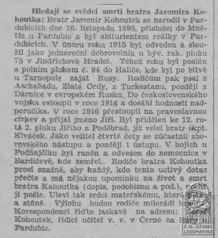 Hledají se svědci smrti bratra Jaromíra Kohoutka (Československý legionář  12.1.1934)(DSMO)