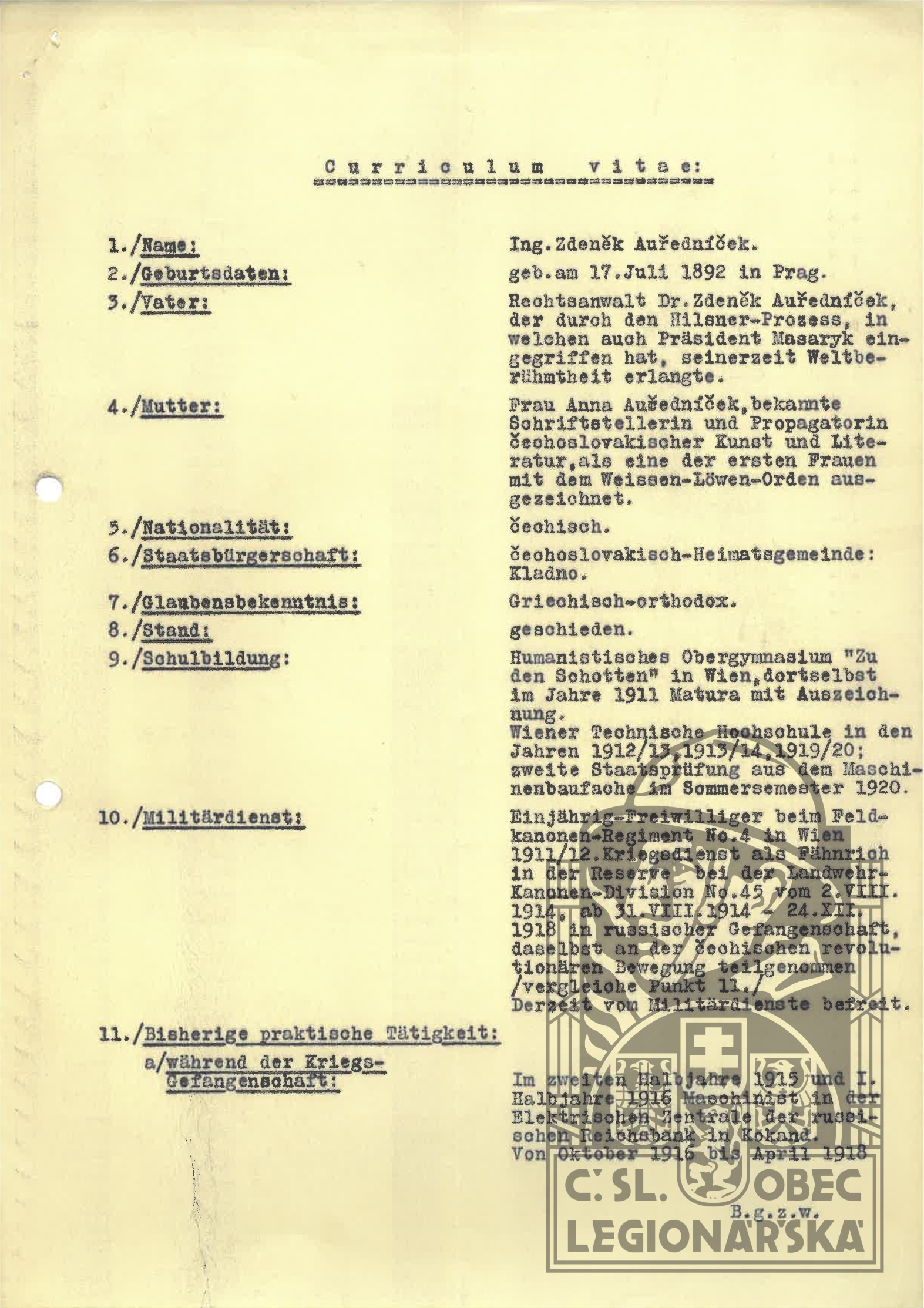 Německý životopis SOA Praha, fond PŽS Kladno, karton 26, složka Dr. Sýkora 1932-34 (435.600)