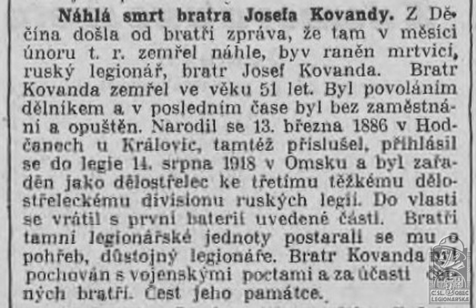 Naše rovy - Náhlá smrt bratra Josefa Kovandy (Československý legionář 16.4.1937)
