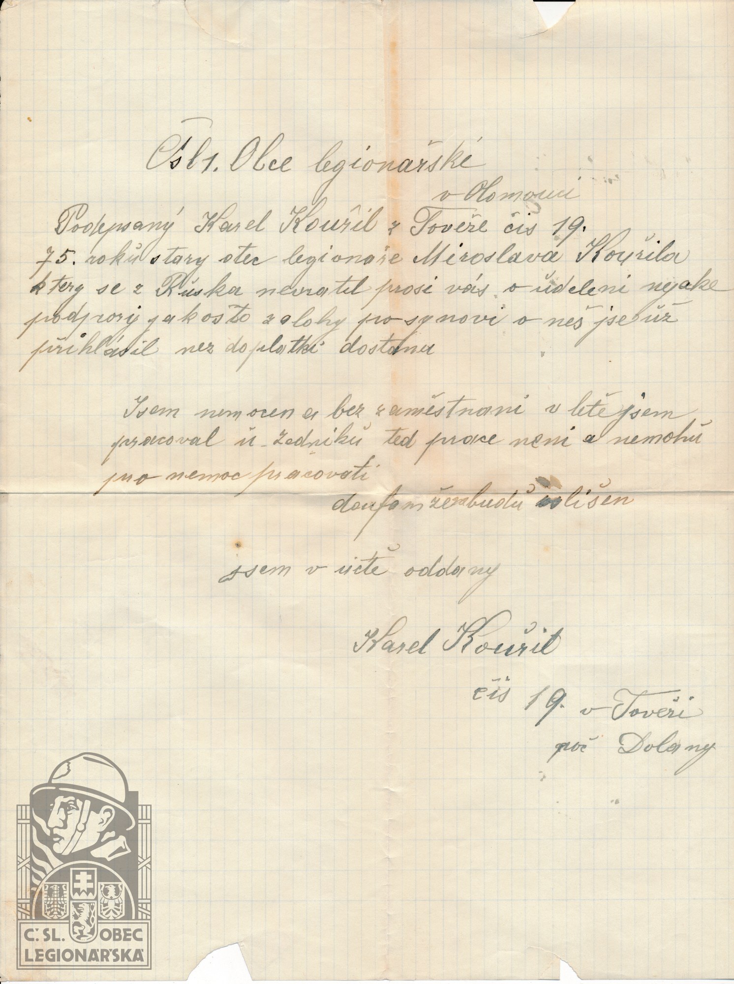 Žádost o finanční pomoc 1924 SOkA Olomouc