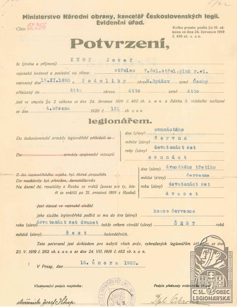 Legionářské potvrzení Josefa Khopa