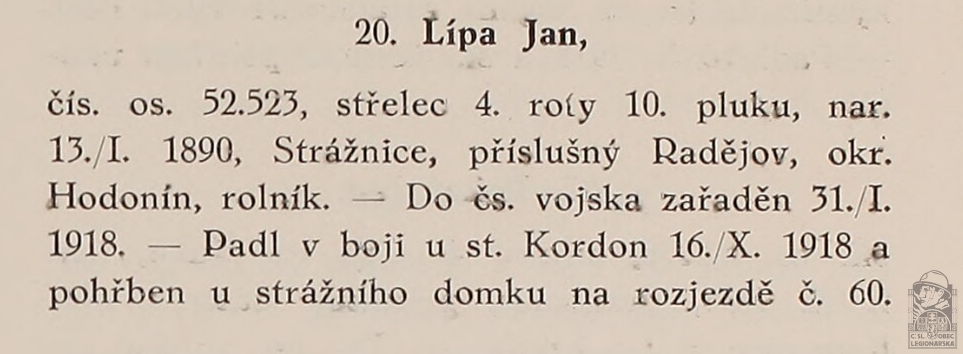 Padlí v bojích (PRAŽSKÝ-SLAVKOVSKÝ, F.I. Dějiny pěšího pluku 10 Jana Sladkého Koziny. Brno, 1927)(DSMO) (56066.680)
