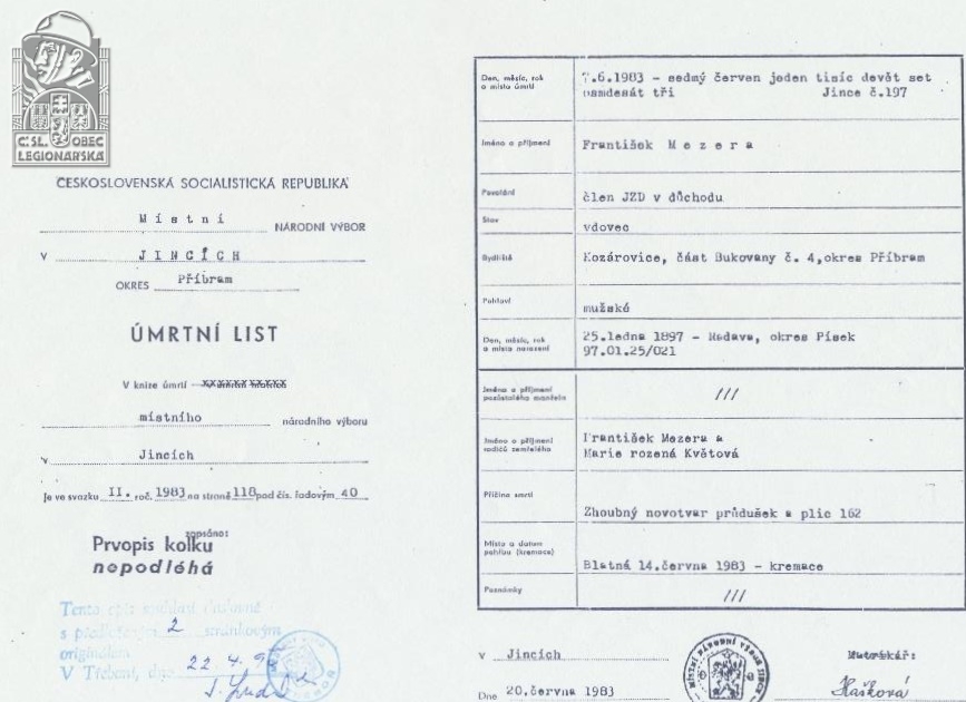 Úmrtní list Františka Mezery (67900.400)