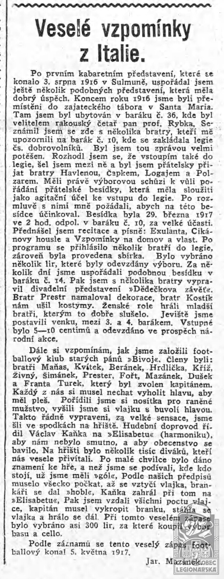 Veselé vzpomínky z Itálie (Československý legionář 30.4.1937) (68070.620)