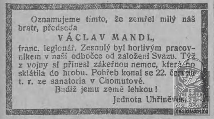 Smuteční oznámení (Legionářský směr 22.6.1922) (DSMO) (70779.750)