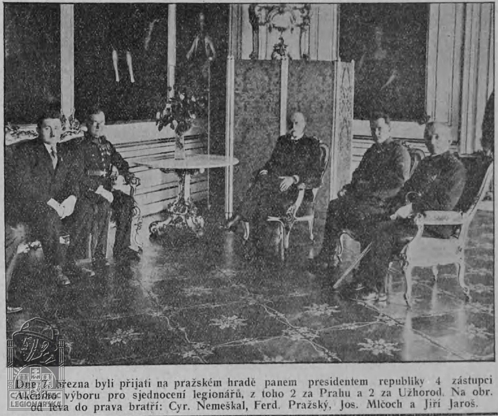 Akční výbor pro sjednocení legionářů u TGM, 7.3.1931 - Nemeškal, Pražský, Mlčoch, Jaroš (Legionářské sjednocení, 1.4.1931) (75357.010)