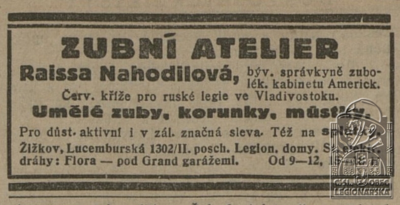 Inzerce Zubní ateliér Raissa Nahodilová (Důstojnické listy 23.06.1927) (DSMO) (75603.620)