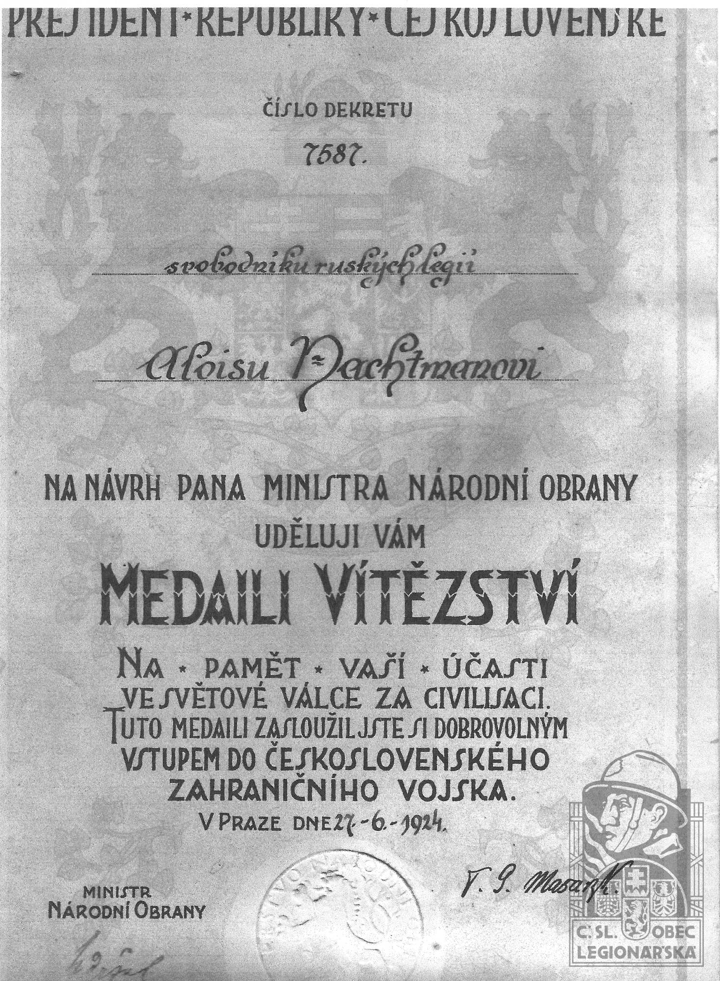 Dekret Medaile vítězství Aloise Nachtmana (75632.101)