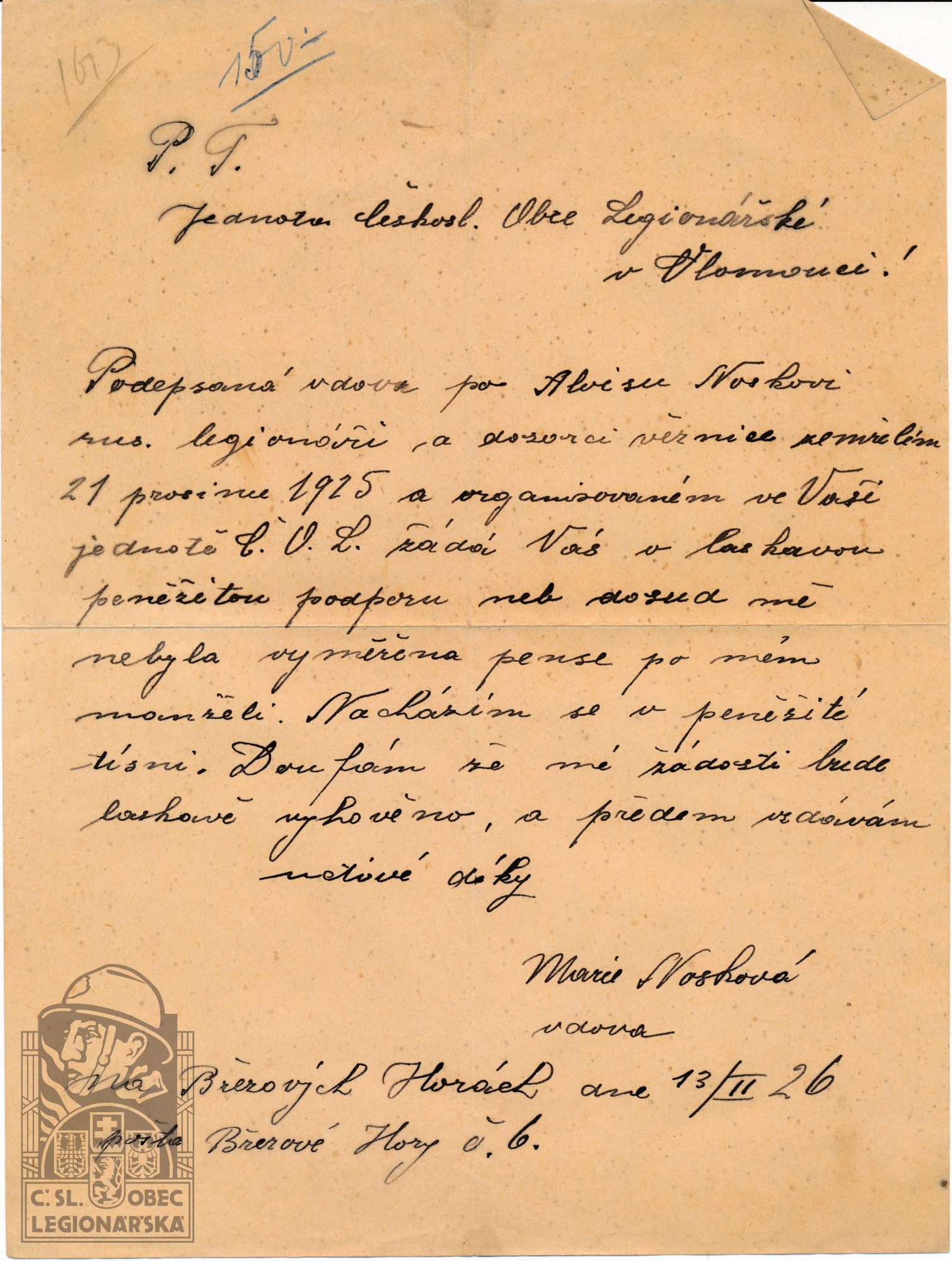 Žádost vdovy o podporu 1926 SOkA Olomouc (75962.620)