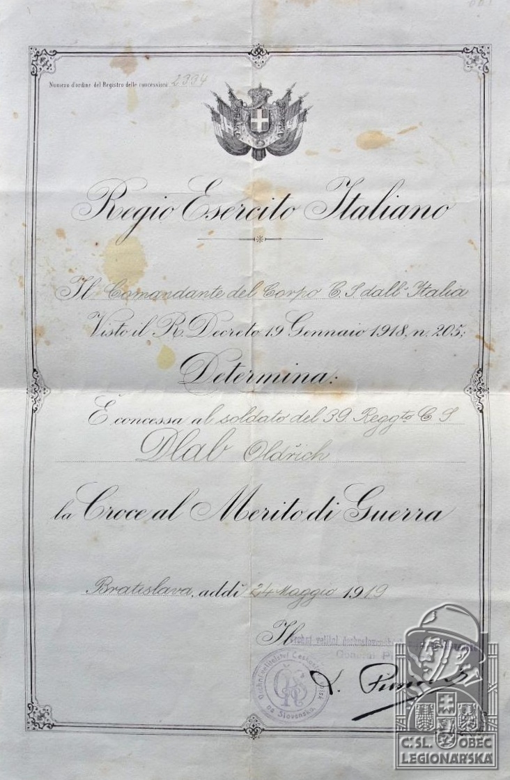 Dekret k italskému Válečnému záslužnému kříži Oldřicha Dlaba (7803.600)