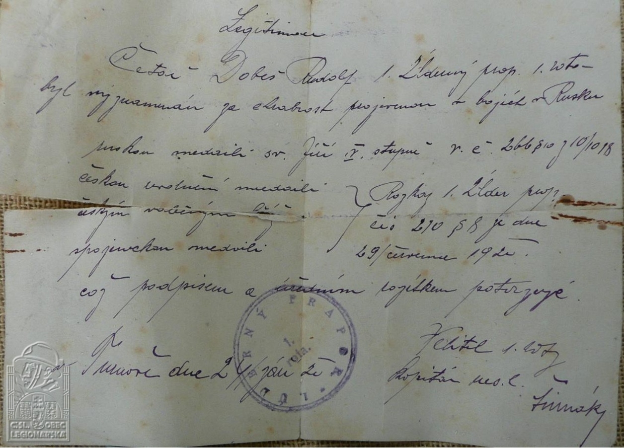 Legitimace ručně psaná k medaili sv. Jiří IV stupně (7882.605)