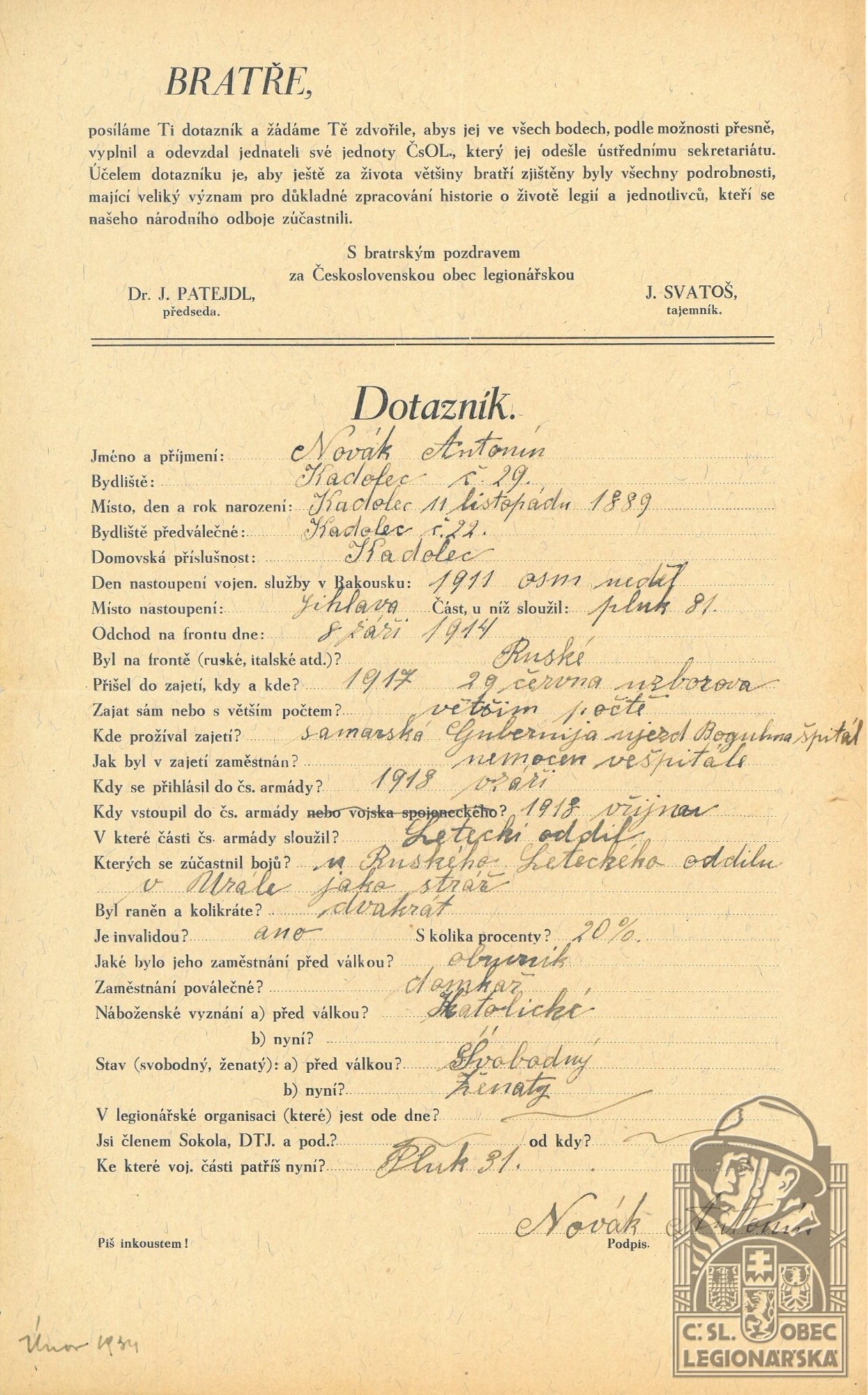 Dotazník ČsOL (Muzeum Velké Meziříčí, fond A9-1) (79211.600)