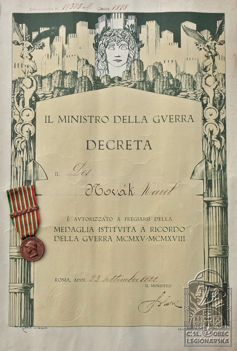 Dekret k Italské pamětní medaili na válku 1915-1918 (79416.600)