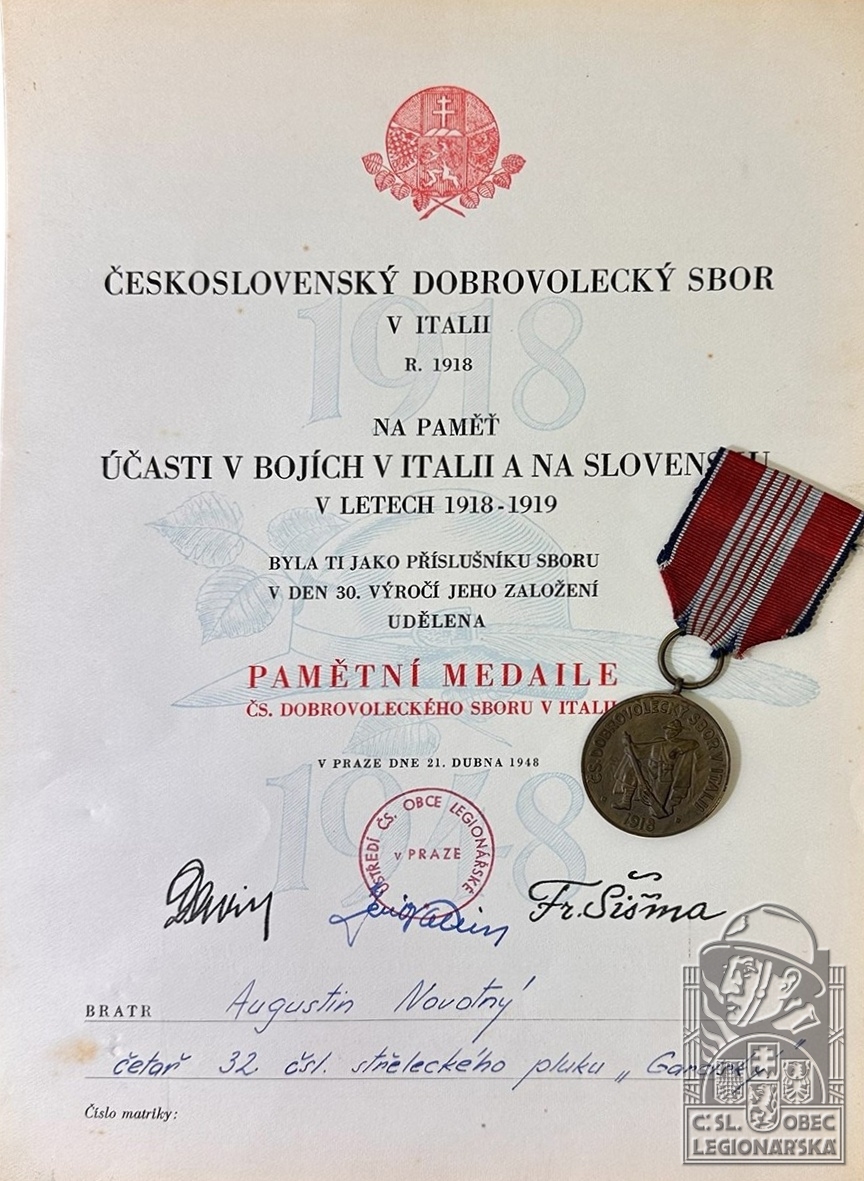 Pamětní medaile Čs. dobrovoleckého sboru v Itálii Augustina Novotného (79542.600)