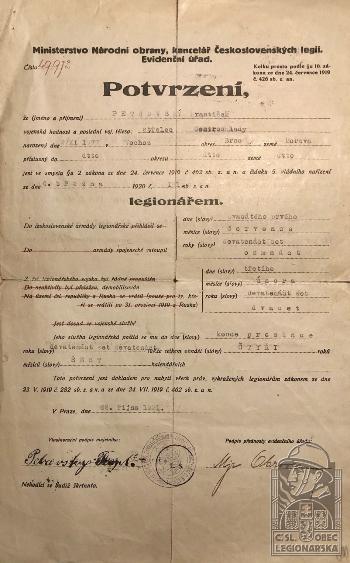 Legionářské potvrzení (80861.605)