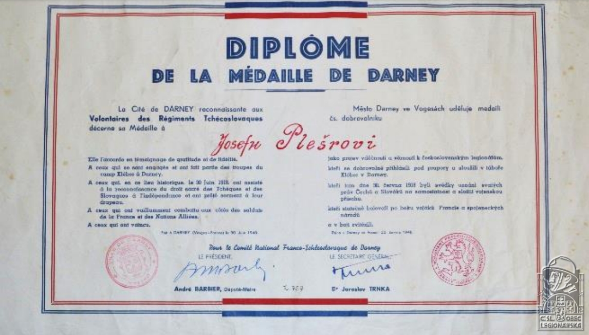 Dekret k Darneyské medaili Josefa Plešra (81271.600)