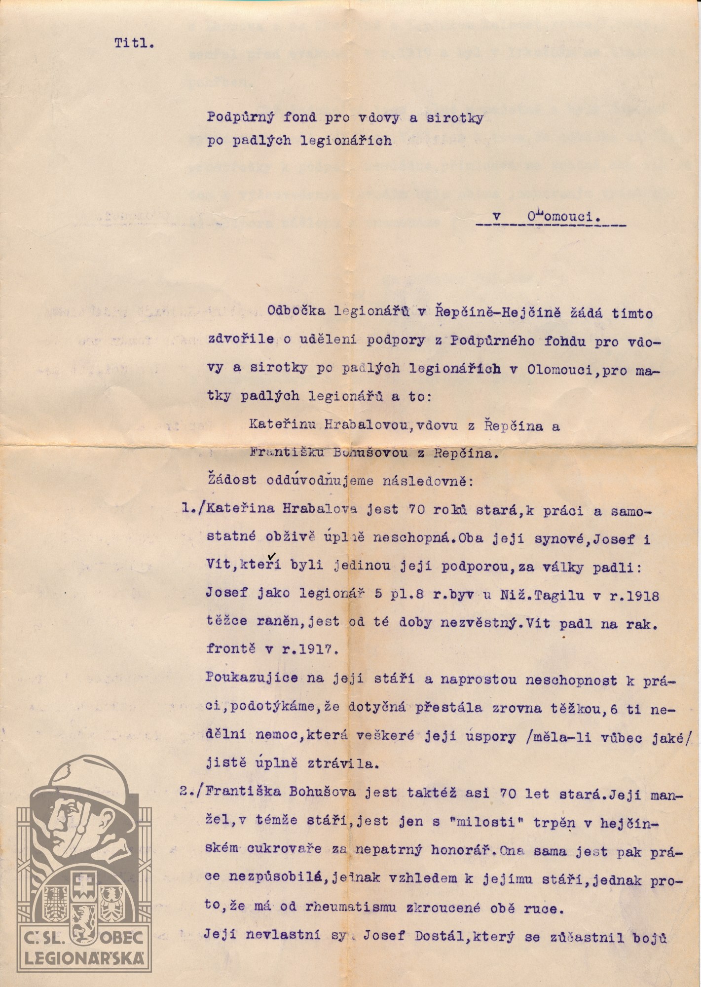 Žádost podpůrného fondu o udělení podpory vdově 1922 SOkA Olomouc