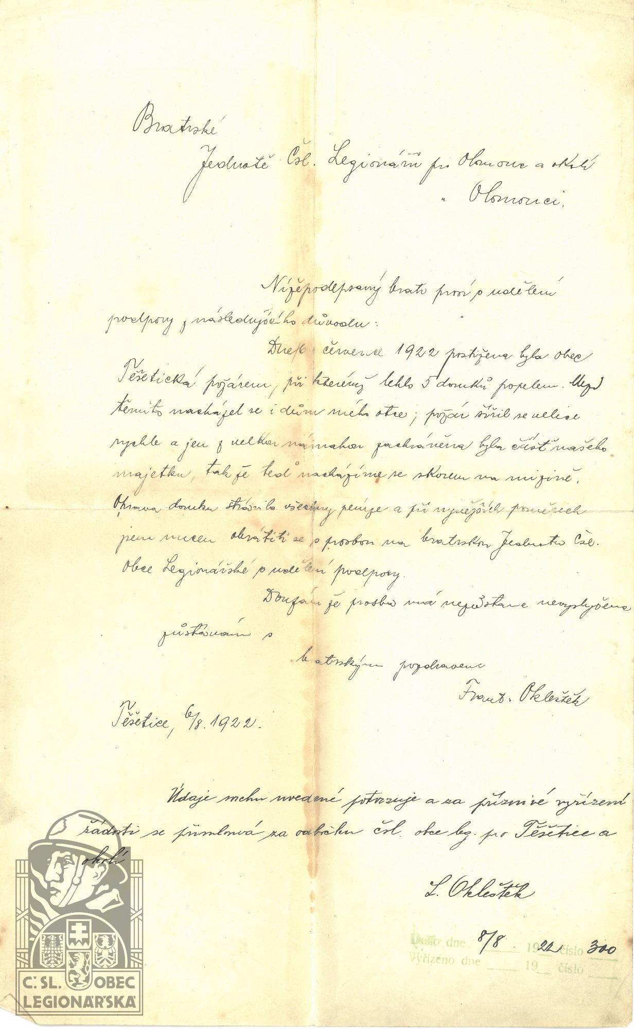 Žádost o podporu po požáru 1922 (SOkA Olomouc) (85379.620)