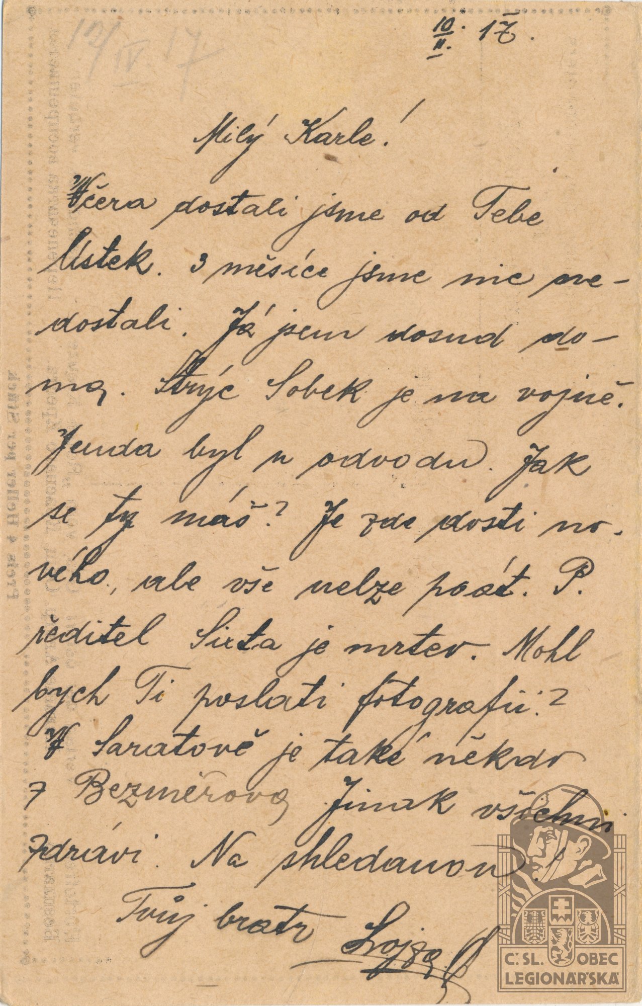 Dopisnice 10.2.1917, líc