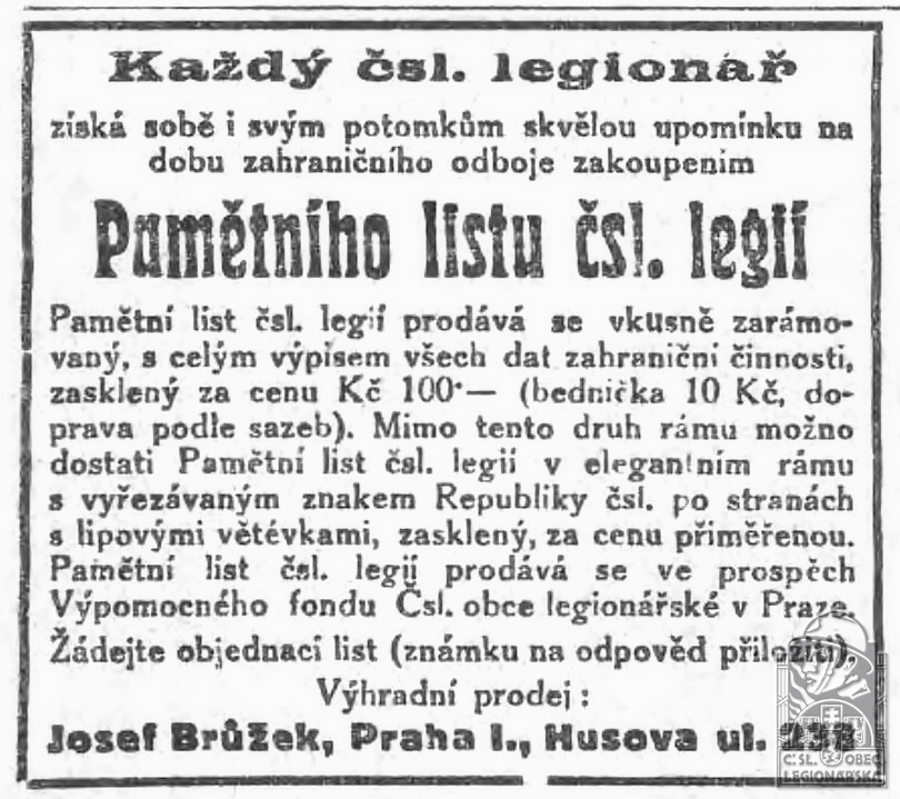 Pamětní list legií Karla Čiháka